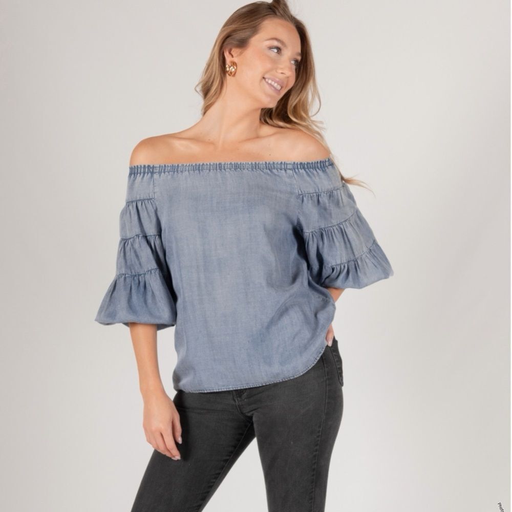 NWT Boutique Dolly Jolly Off the Shoulder 100% Tencel Top Size Medium Blue